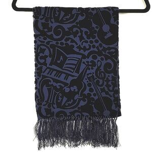 ZazouLuxe Silk Blend Navy Blue Sheer Velvet Flocked Music Inspired Fringed Scarf